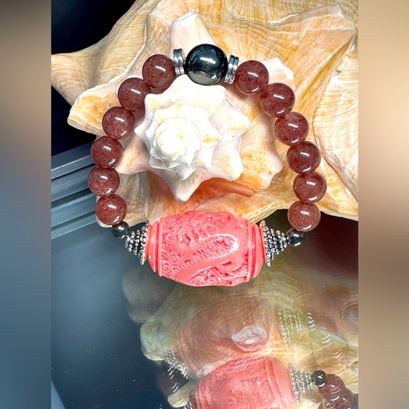 STRAWBERRY QUARTZ STONES + LUCKY DRAGON NATURAL BRACELET size 7” - Picture 2 of 14